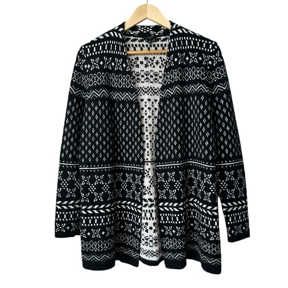 Talbots Black Fair Isle Open-Front Cardigan Sweater, MP - Picture 2 of 9